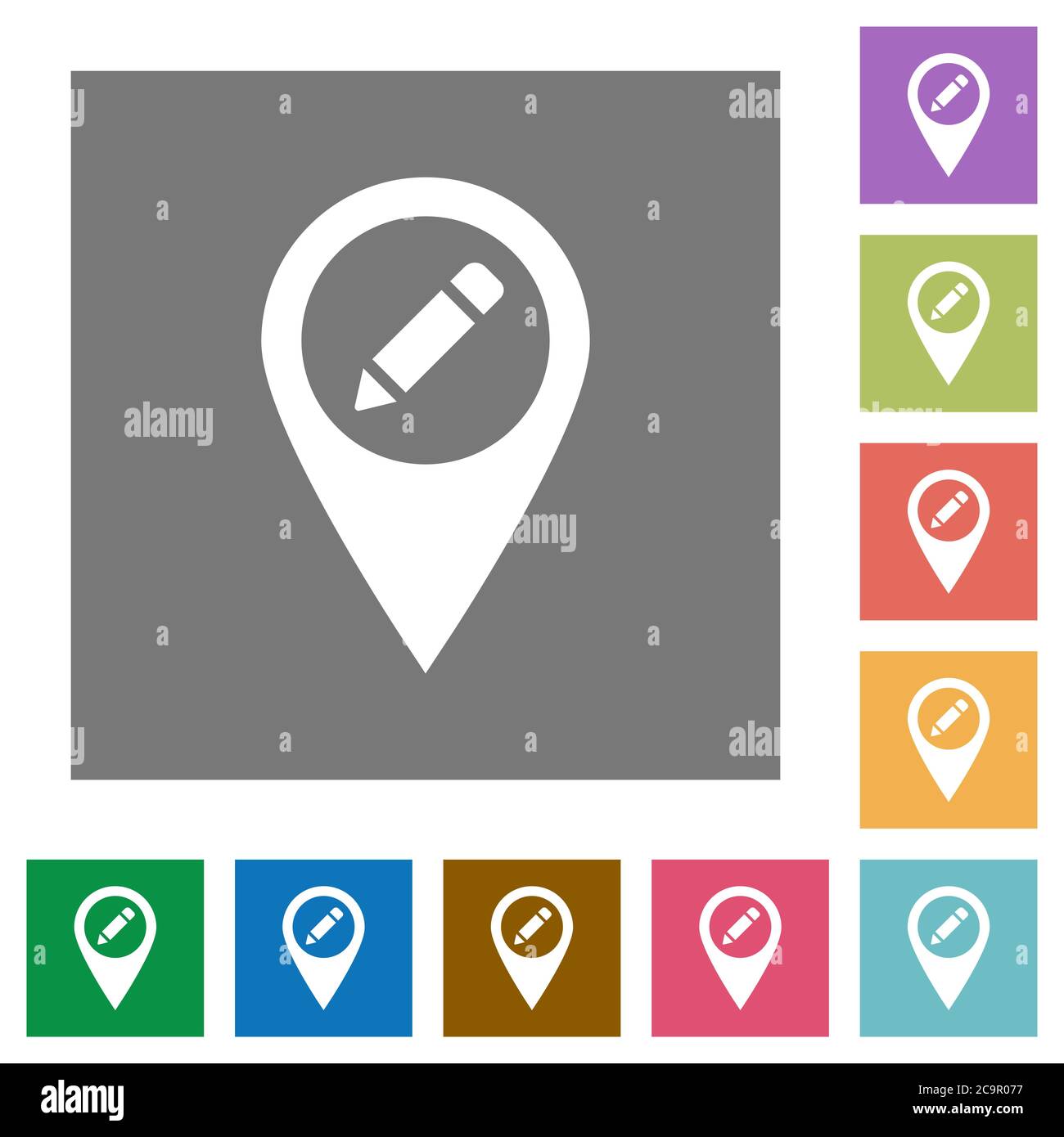 Rename GPS map location flat icons on simple color square backgrounds Stock Vector