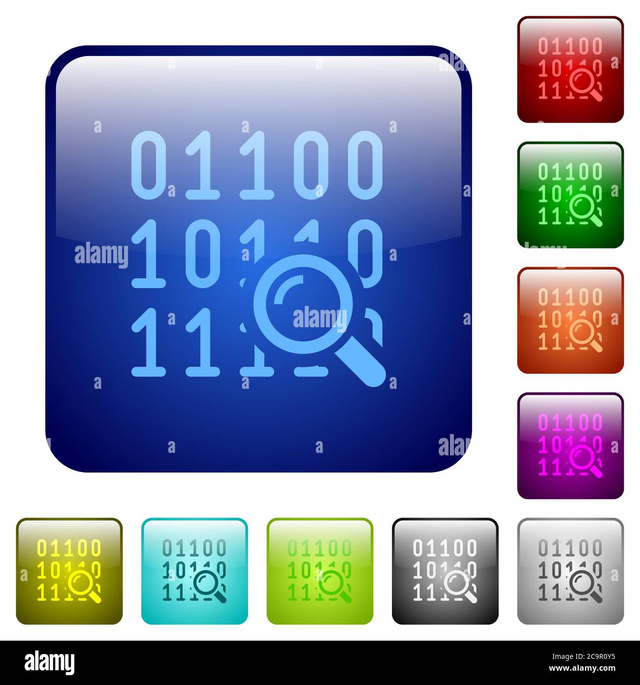 Code analysis icons in rounded square color glossy button set Stock Vector