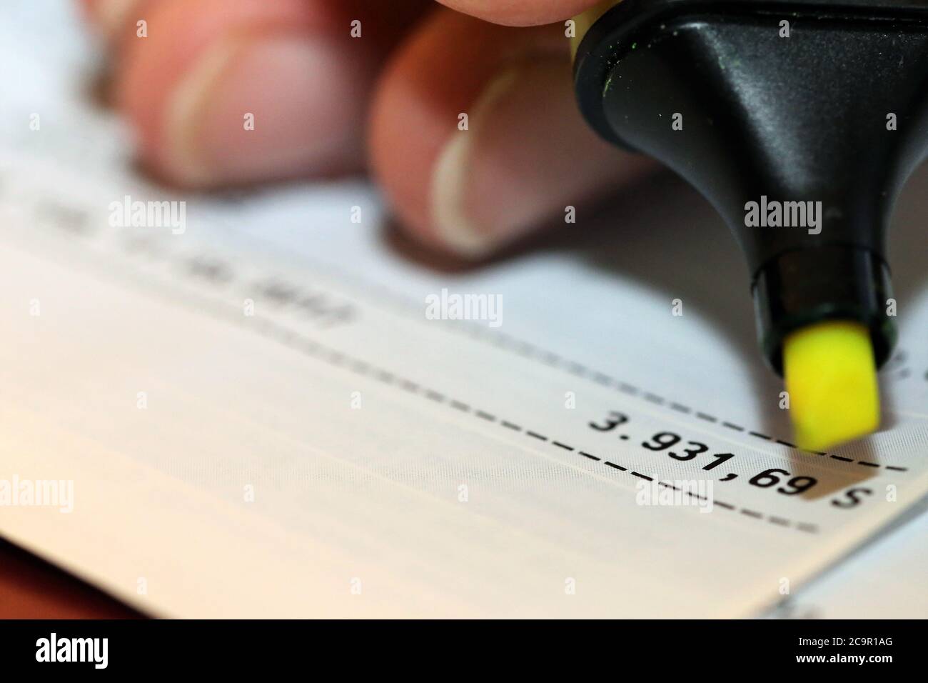 Statement of bank account with negative account balance Stock Photo