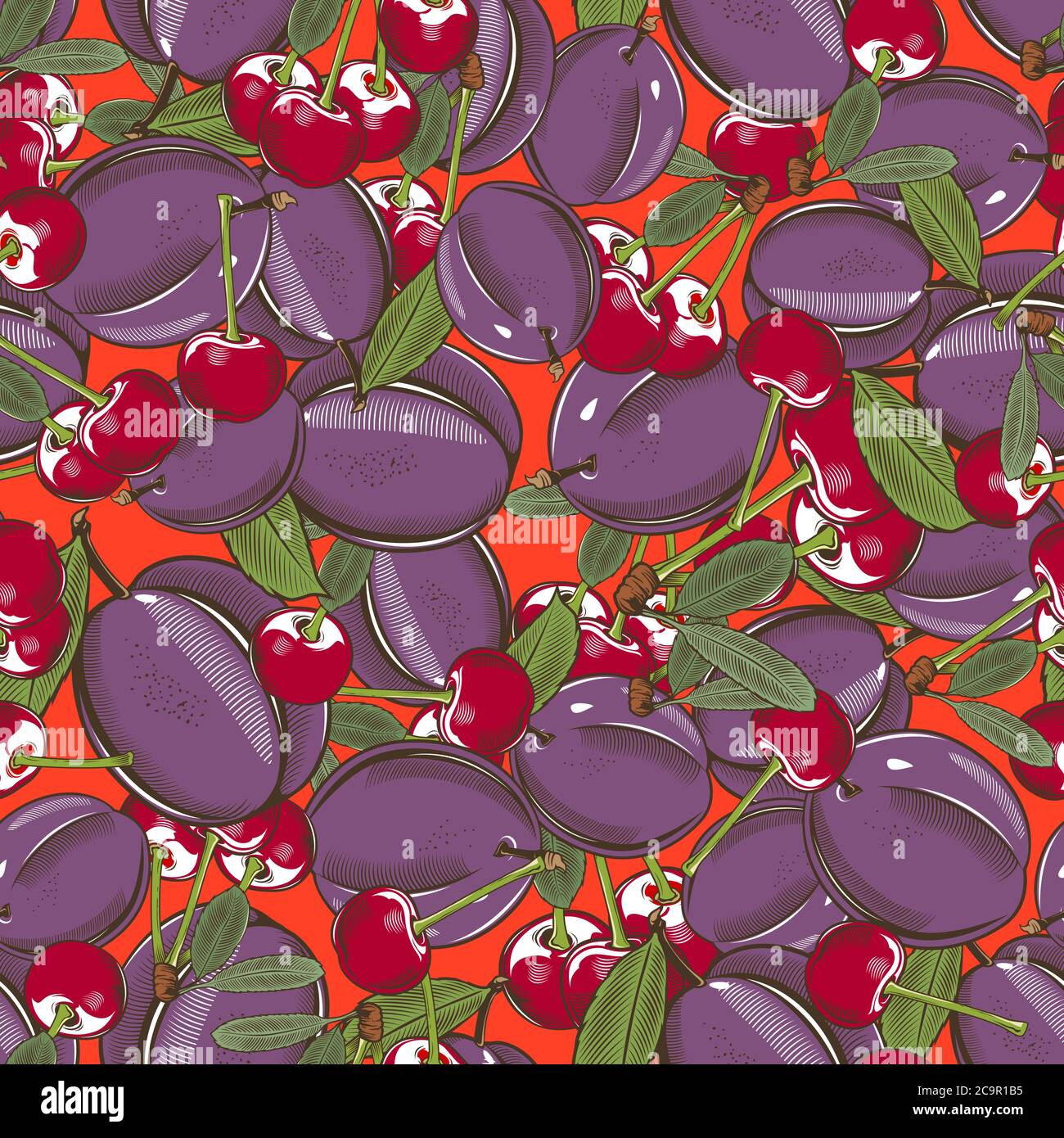 Colored seamless pattern with plums and cherries in vintage style Stock