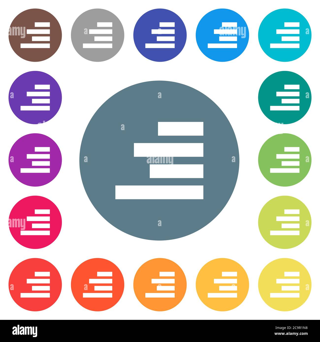 Text align right flat white icons on round color backgrounds. 17 background color variations are