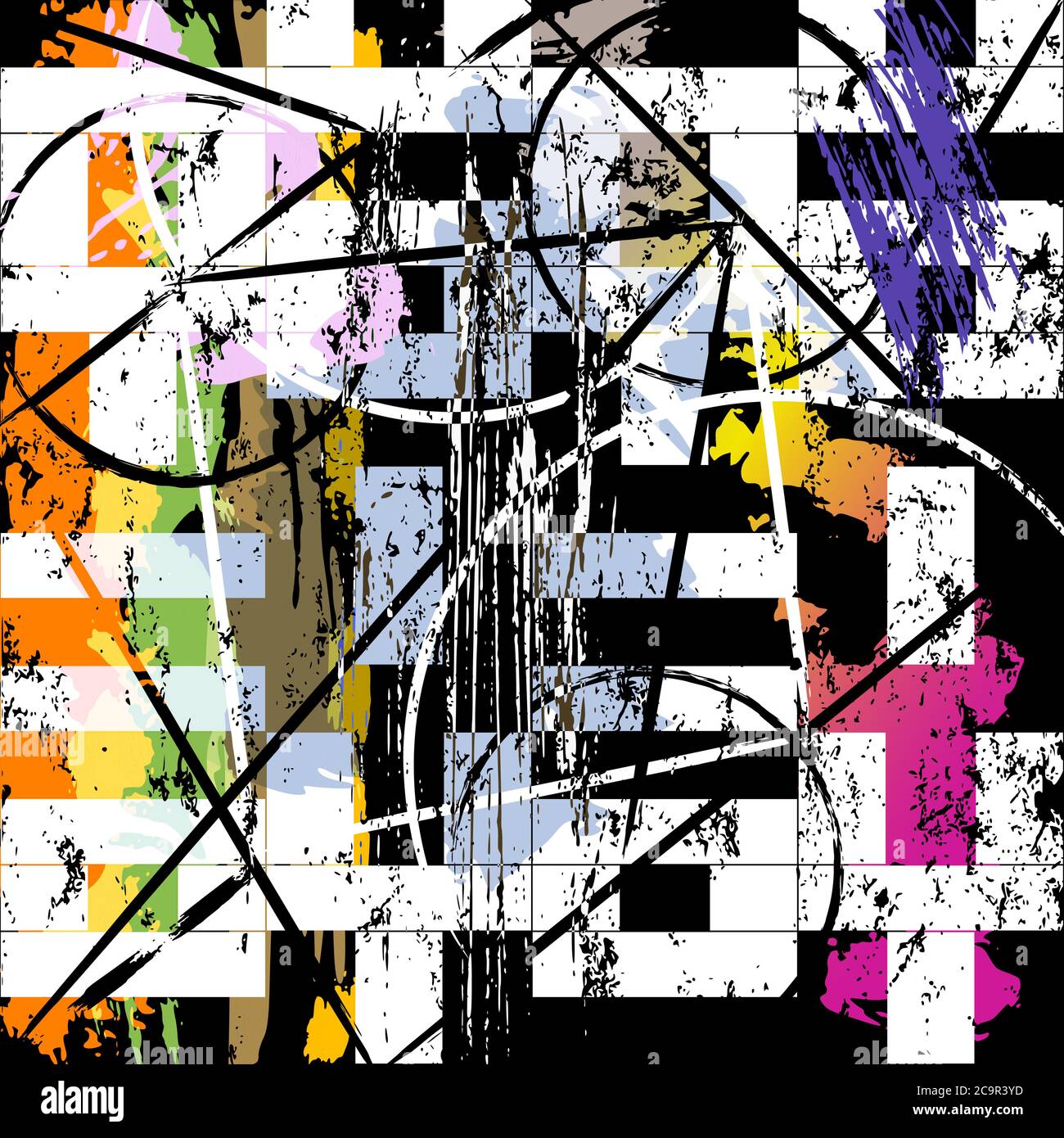 abstract geometric background composition, with lines, strokes and splashes, on black and white Stock Vector