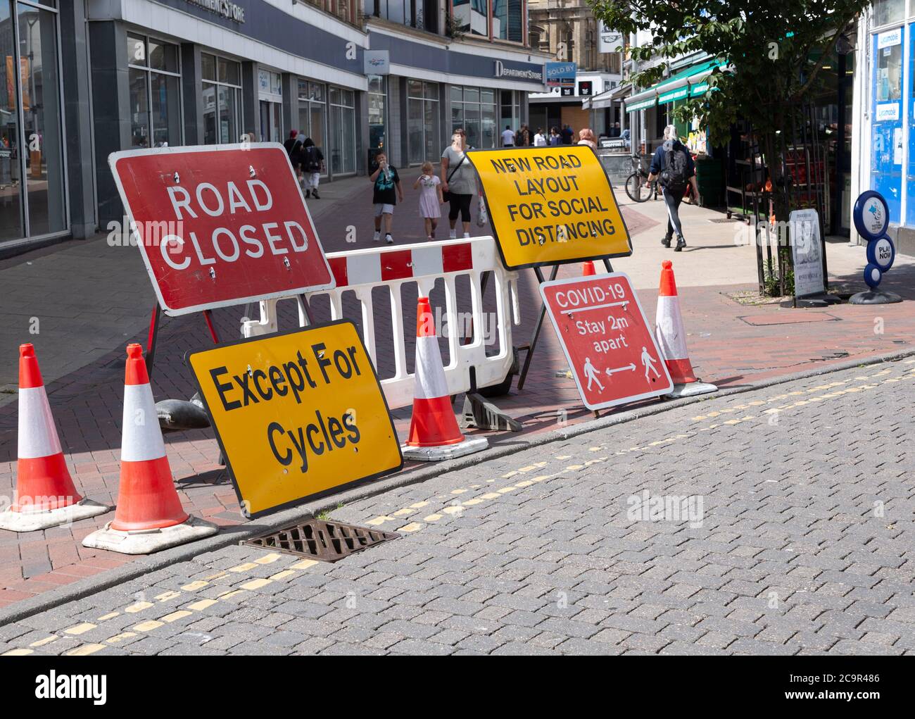 Road closed for new social distancing layout in town centre, Carr Street, Ipswich, Suffolk, England, UK July 2020 Stock Photo