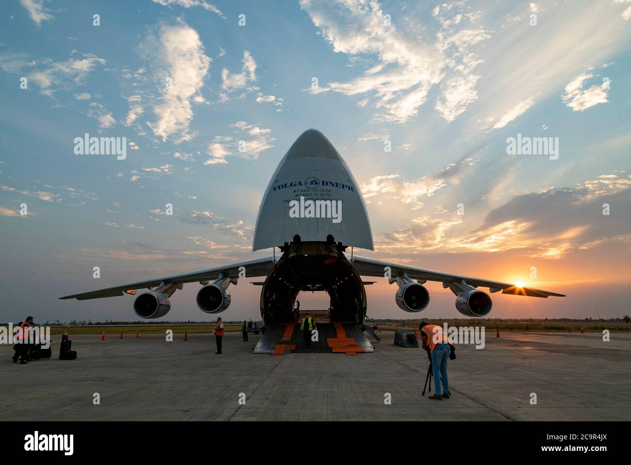 Russian Antonov-225 worlds largest cargo airplane in Bolivia, send to carry helicopters to fight the fires Stock Photo