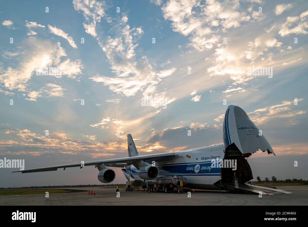 Russian Antonov-225 worlds largest cargo airplane in Bolivia, send to carry helicopters to fight the fires Stock Photo