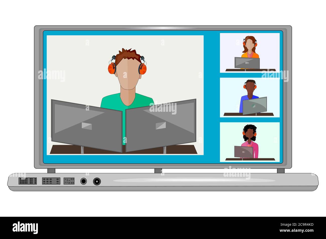 Laptop with online webinar, class or course.Keep distance in public society to protect from coronavirus spreading.Party from home via videocall.Vector Stock Vector
