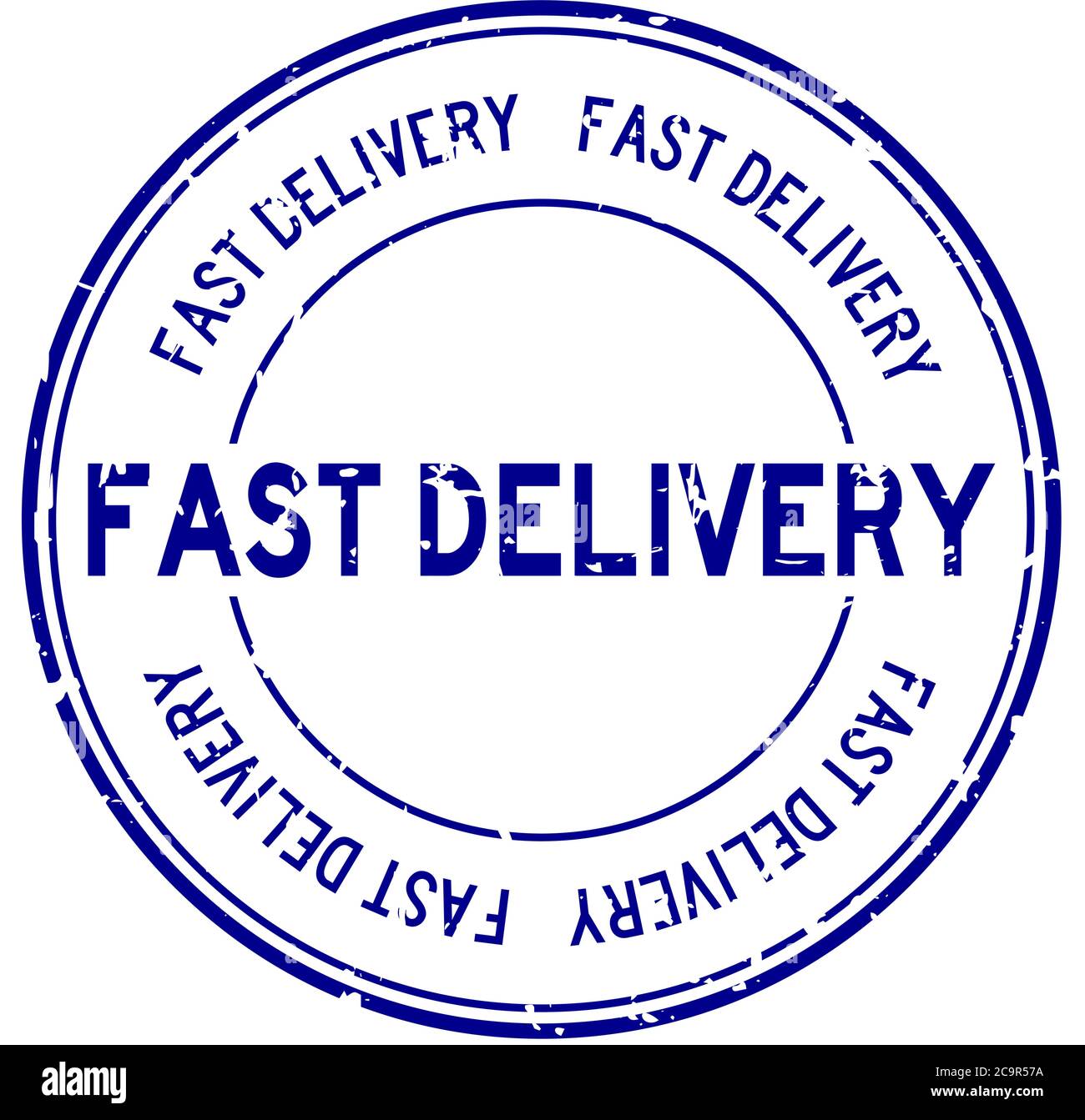 Grunge blue fast delivery word round rubber seal stamp on white