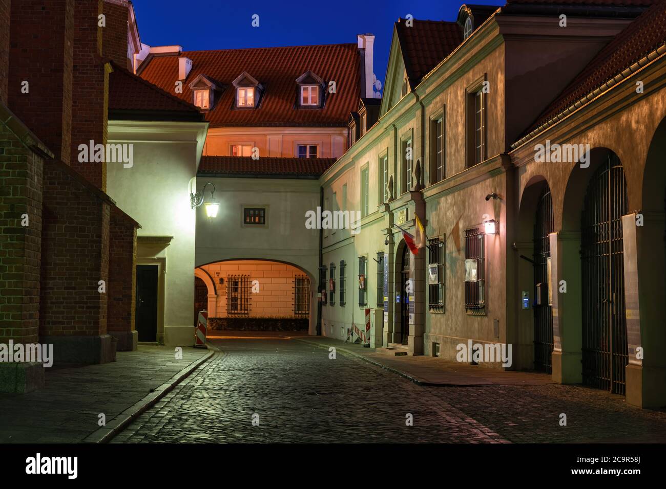 Dziekania Street in Old Town of Warsaw city at night in Poland. Stock Photo