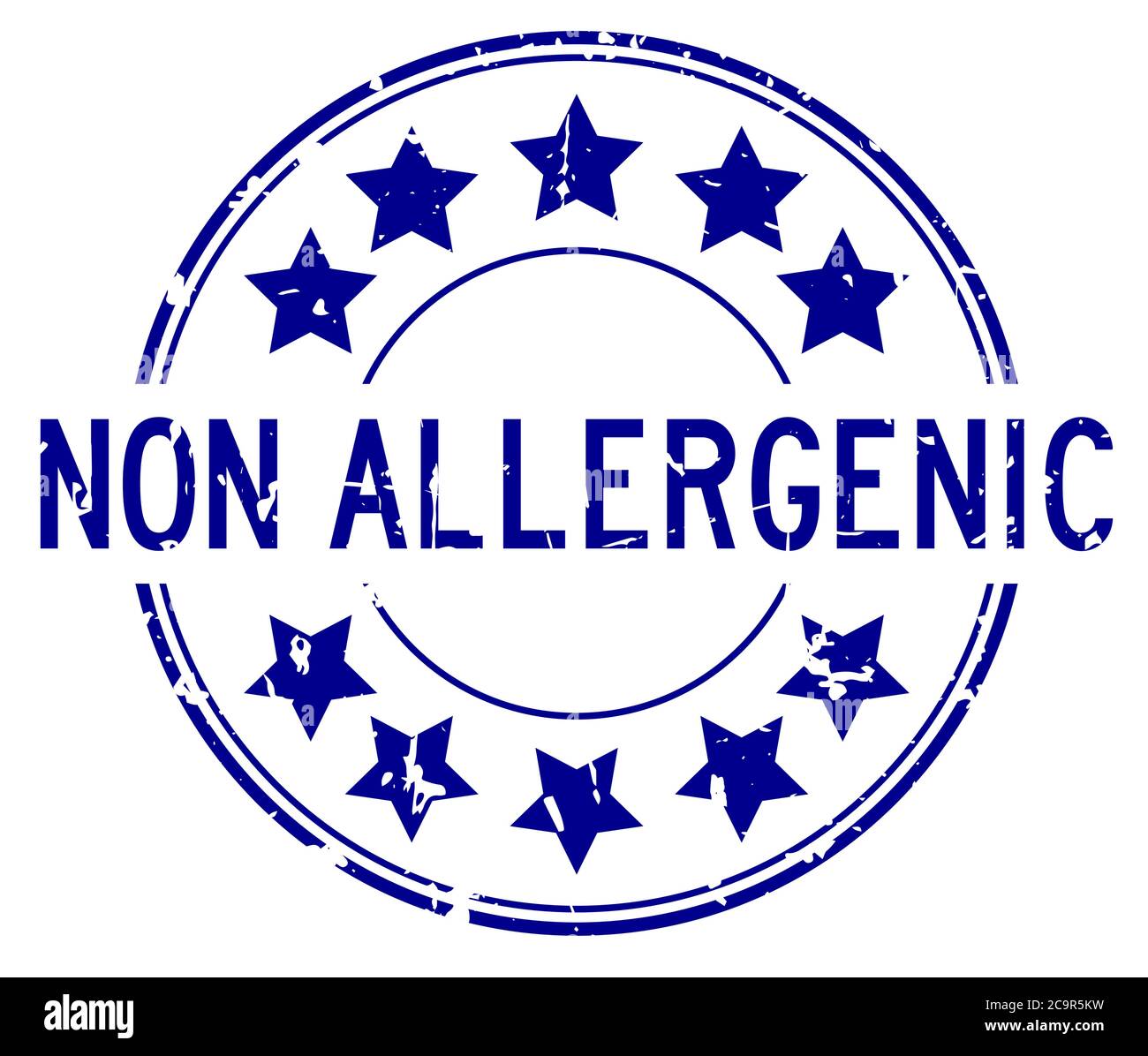 Grunge blue non allergenic word with star icon round rubber seal stamp ...