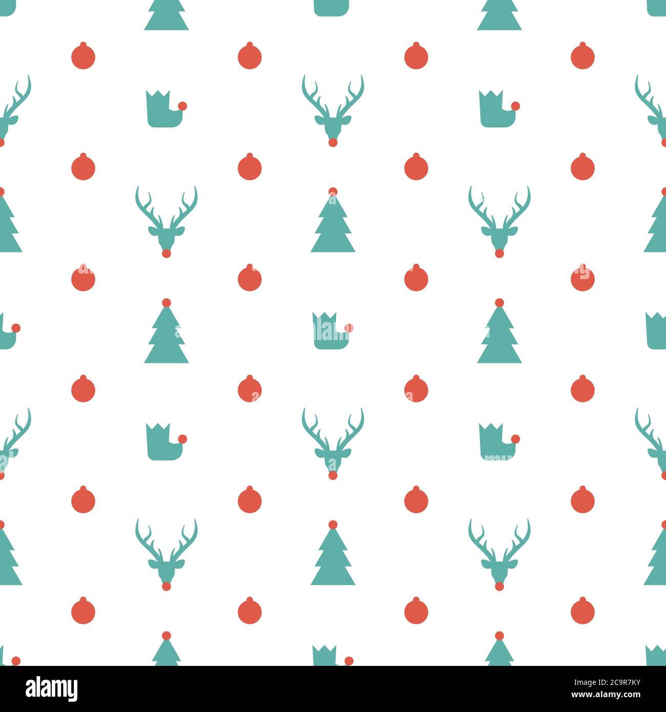 Winter seamless pattern with flat red and blue fir-trees, elf shoes and balls on white background. New Year vintage ornament. Vector Christmas print f Stock Vector