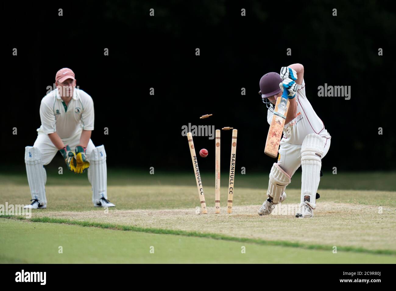 Marnhull CC 2nd XI against Puddletown CC 2nd XI. Marnhull, Dorset, England. Marnhull batsman bowled out. Mandatory Credit: Nick Walker/Sport Picture L Stock Photo