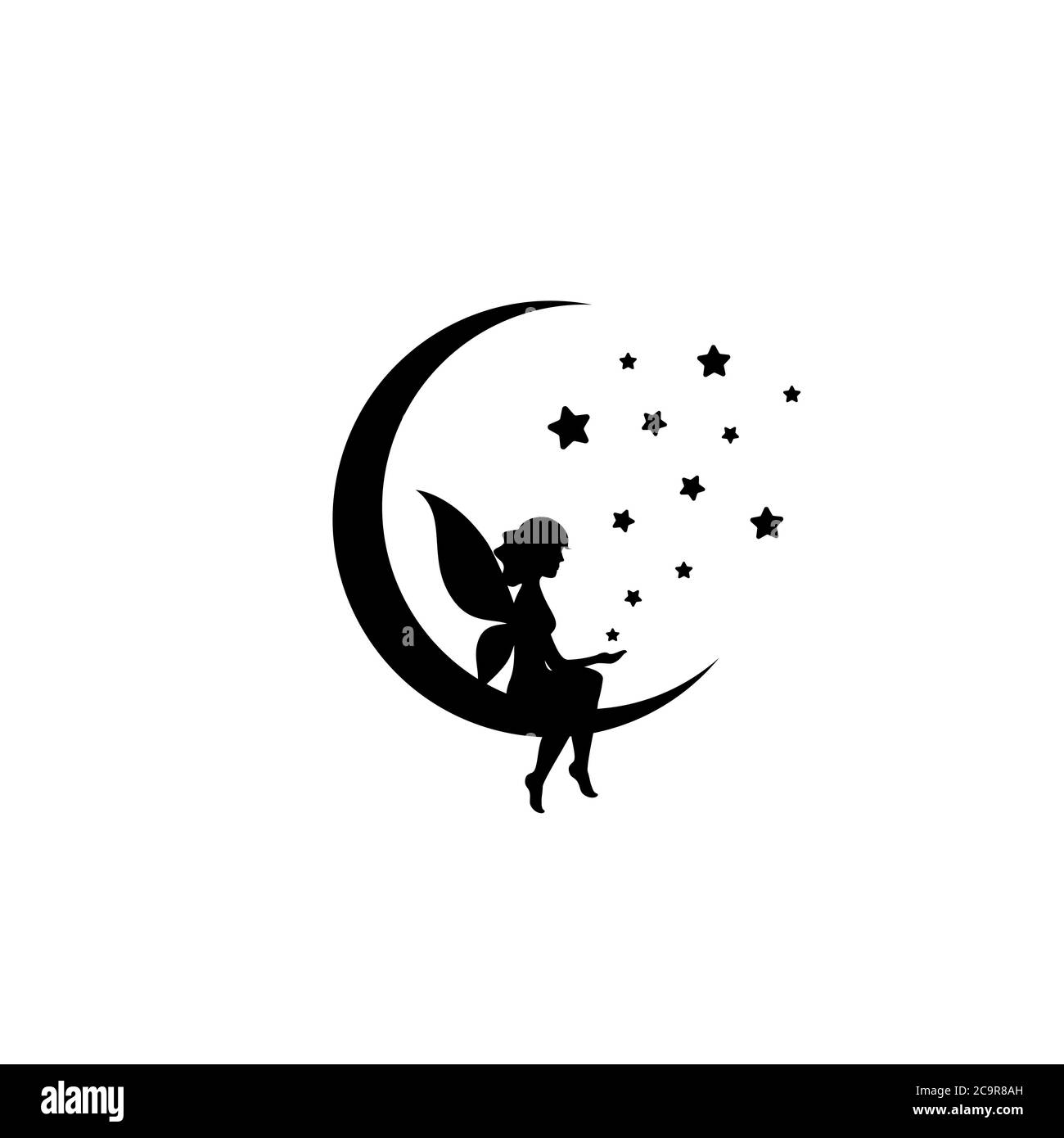 Black half moon and stars and fairy. Magic, fantasy. Isolated on white. Flat design. Vector illustration. Children reading. Fairytale logo. Stock Vector