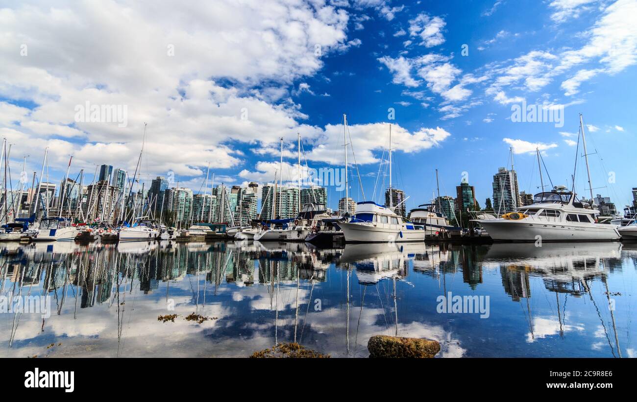 Yachts parked in the harbor in Vancouver with the city in the background Stock Photo