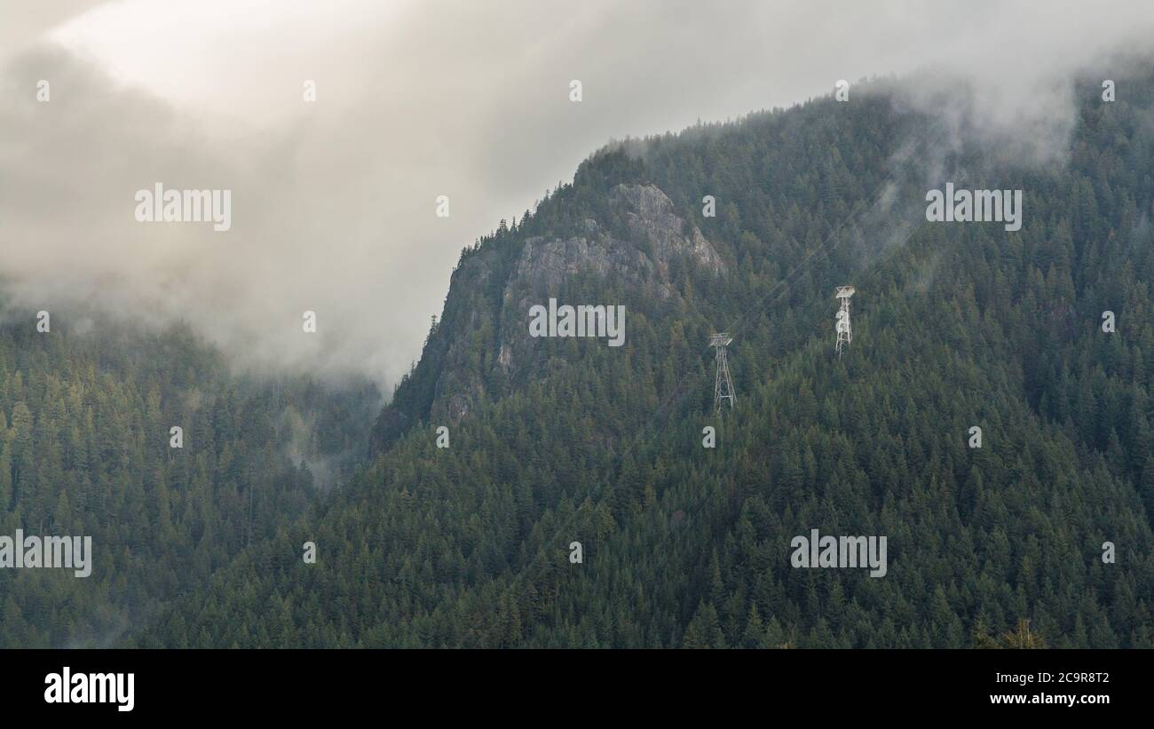 A scenic View of Cleveland Dam reservoir surrounded by mountains, North Vancouver, Canada Stock Photo