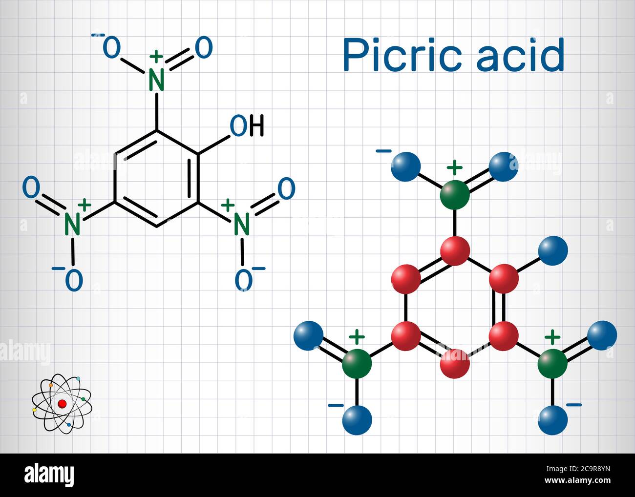 Picric acid ( 2,4,6-trinitrophenol, TNP, C6H3N3O7) molecule. It has a role as an explosive, an antiseptic drug. Structural chemical formula and molecu Stock Vector