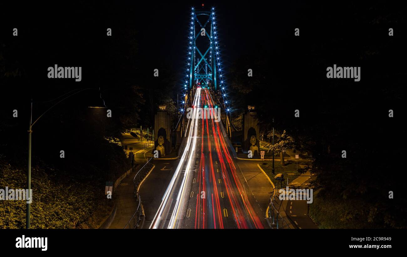 Lions Gate Bridge Entrance in Vancouver BC Canada at Night Stock Photo