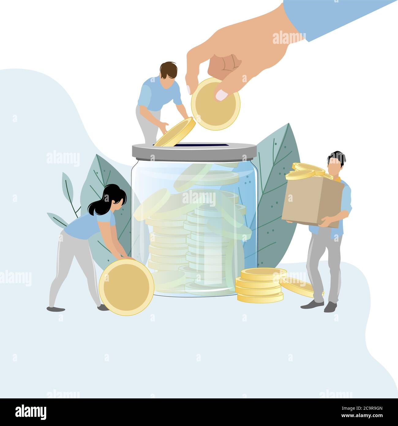 Crowd funding, collect money in jar donation, safe money. Vector finance investment, donate coin, people collect and give golden coin in glass jar ill Stock Vector