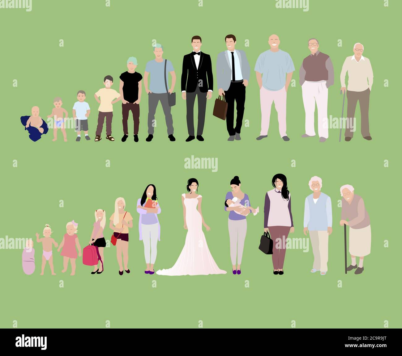Male and female growing up. Growing and development generation, elderly age and young, human evolution man and woman. Vector illustration. Newborn and Stock Vector