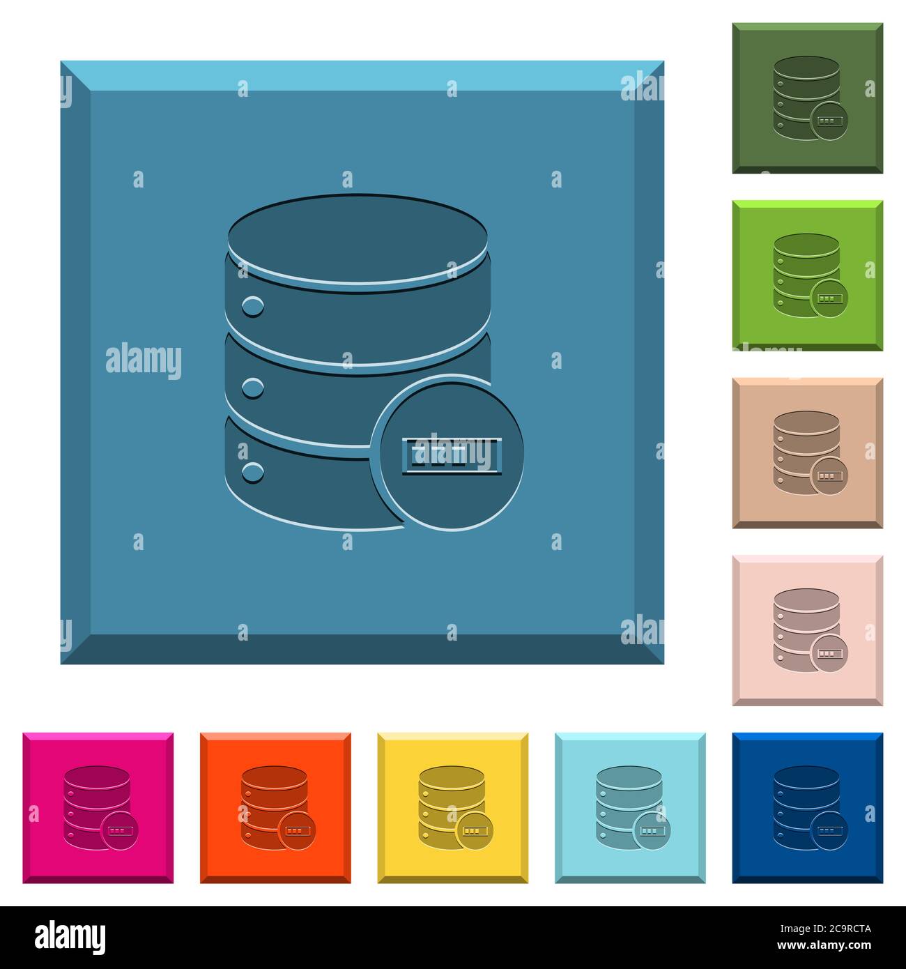 Database processing engraved icons on edged square buttons in various trendy colors Stock Vector