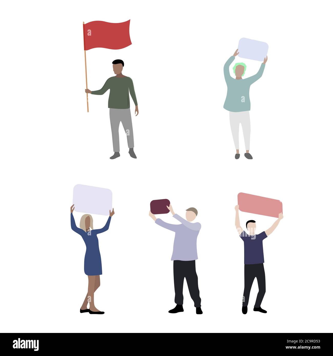 Colored cartoon people with placard and banner, riot and meeting. Vector protesting and manifestation, political revolution with placard and poster, i Stock Vector