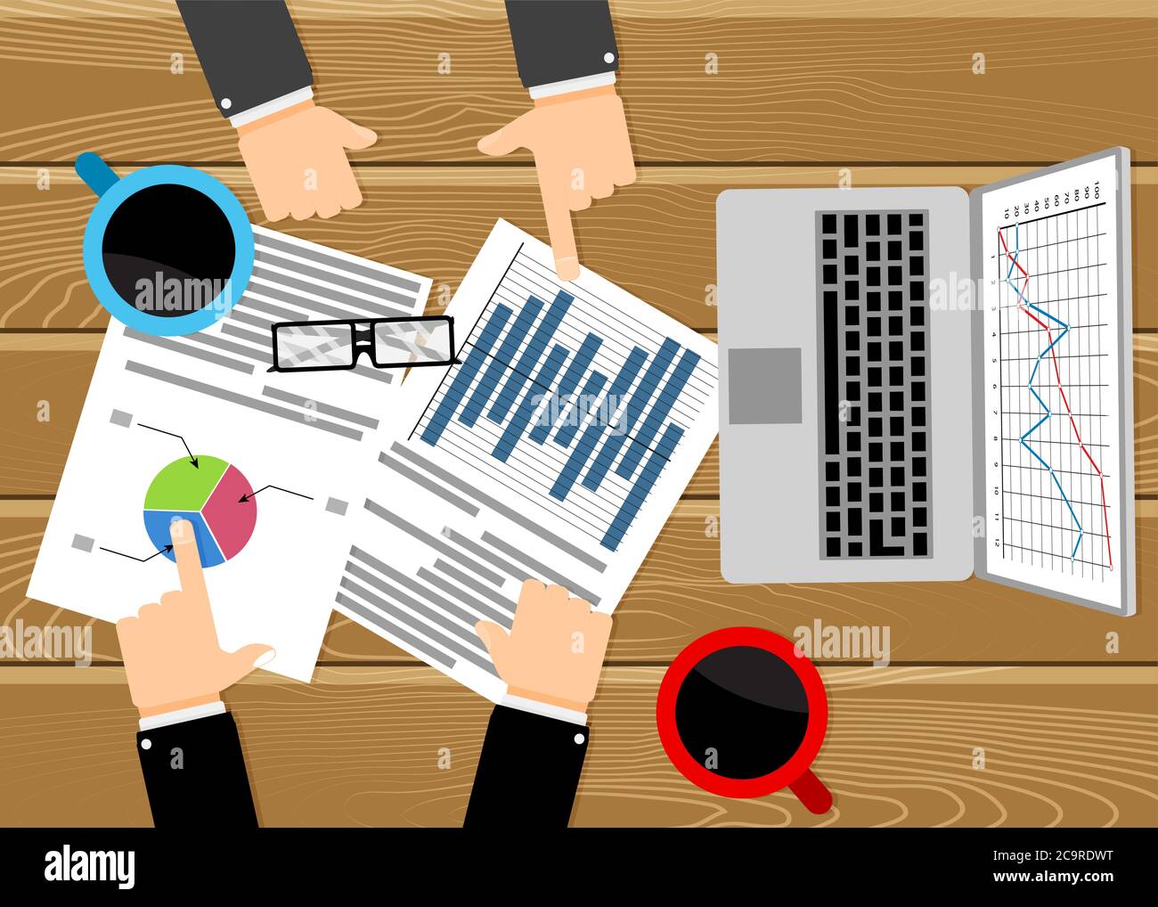 Business meeting, analysis and discussion. Work table with chart and graphic. Discussion with partner, table office, vector chart analysis illustratio Stock Vector
