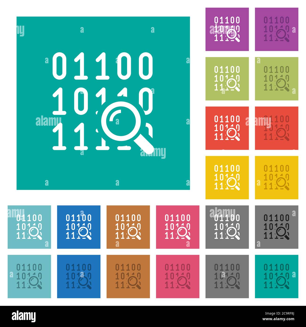 Code analysis multi colored flat icons on plain square backgrounds. Included white and darker icon variations for hover or active effects. Stock Vector