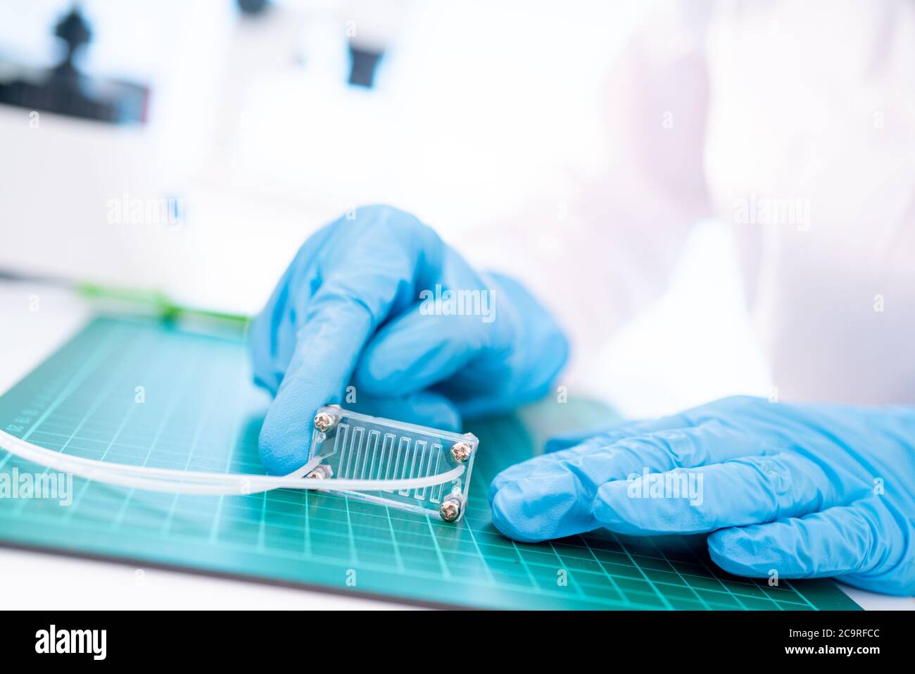 Organ-on-a-chip (OOC) - microfluidic device chip that simulates biological organs that is type of artificial organ. Prototype of design lab-on-a-chip Stock Photo