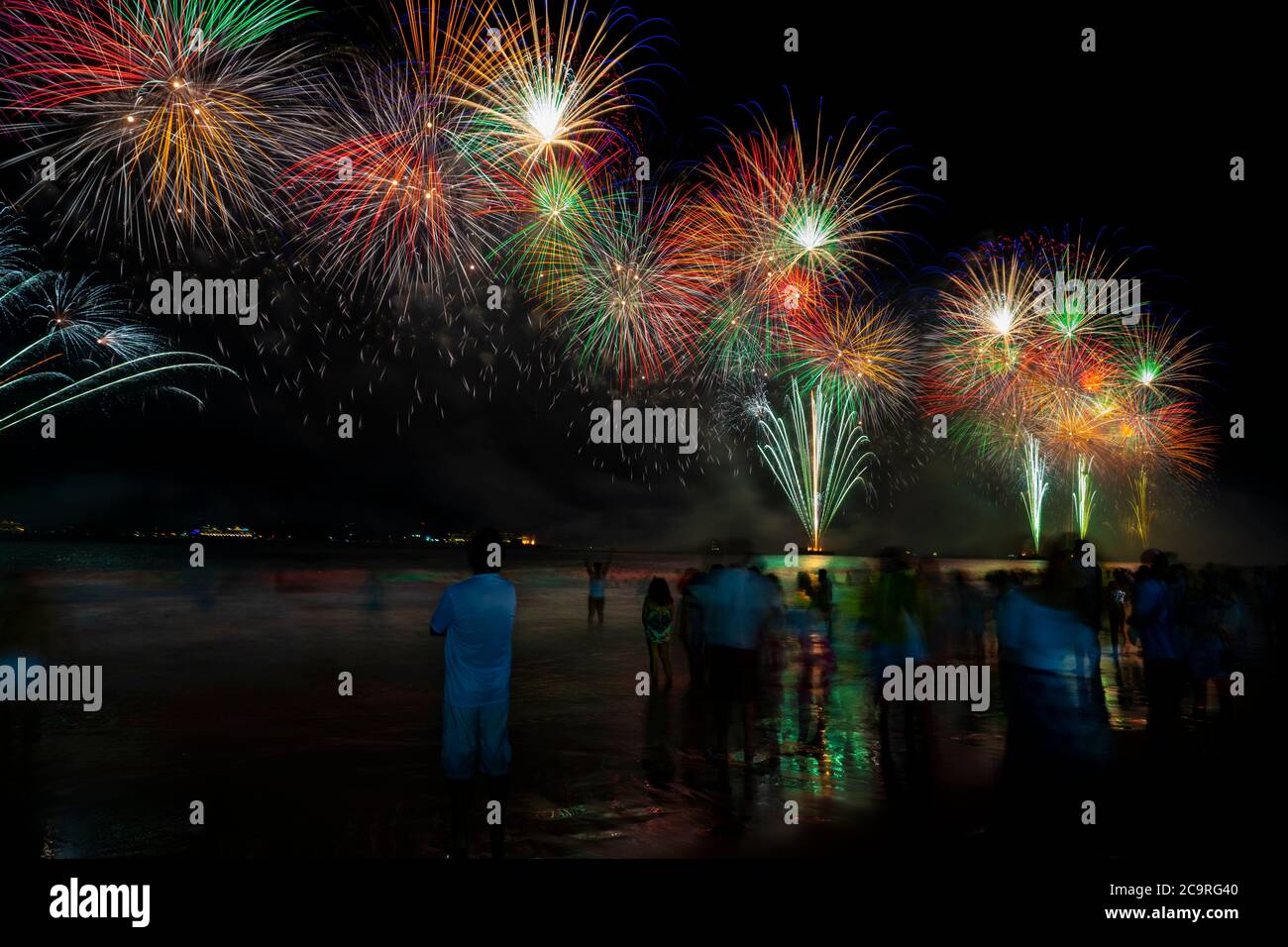 Spectacular fireworks greets the 2020 New Year in  Copacabana beach, Rio de Janeiro, Brazil Stock Photo