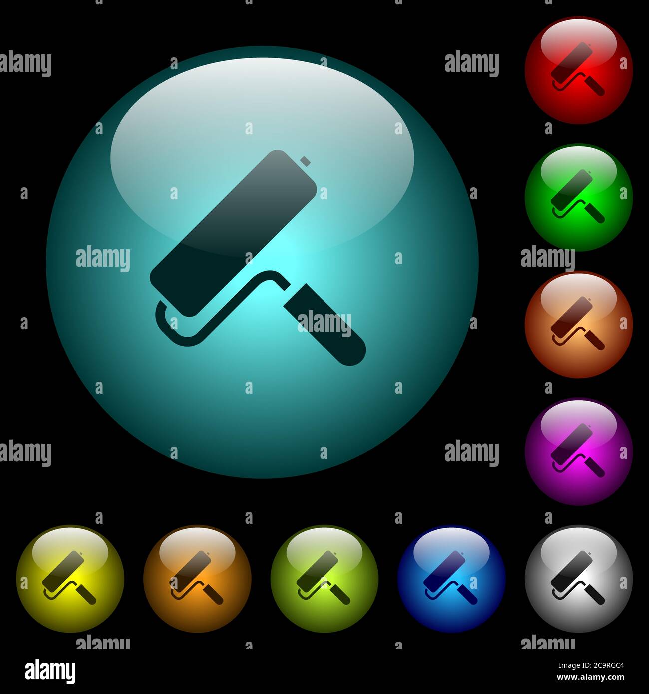 Paint roller icons in color illuminated spherical glass buttons on ...