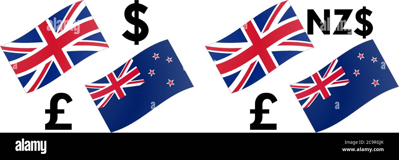 GBPNZD forex currency pair vector illustration. United Kingdom and New Zealand flag, with Pound and Dollar symbol. Stock Vector