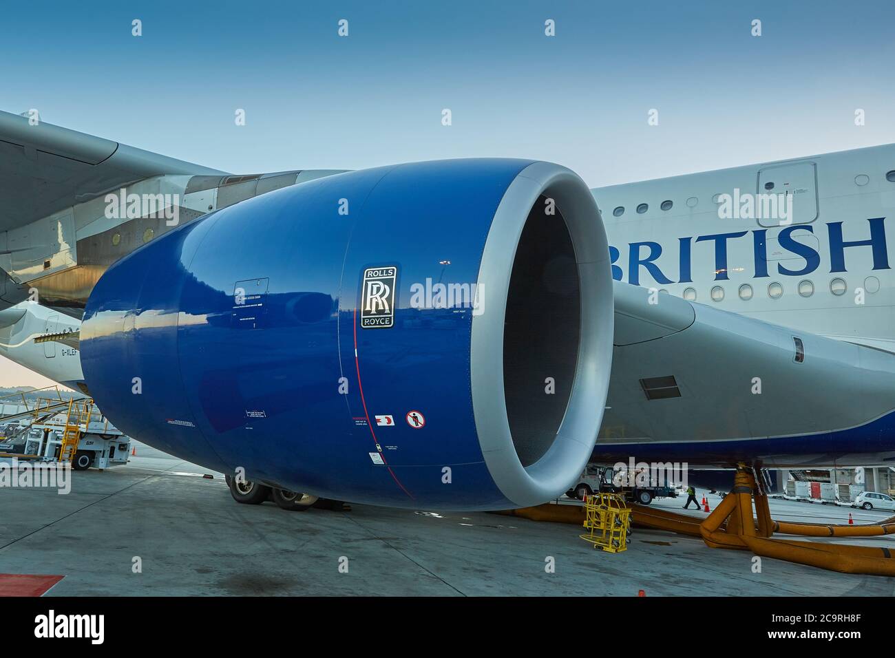 The Rolls Royce Trent 900 Jet Engine Of A British Airways Airbus A380 On The Ground At San Francisco International Airport, California, USA. Stock Photo
