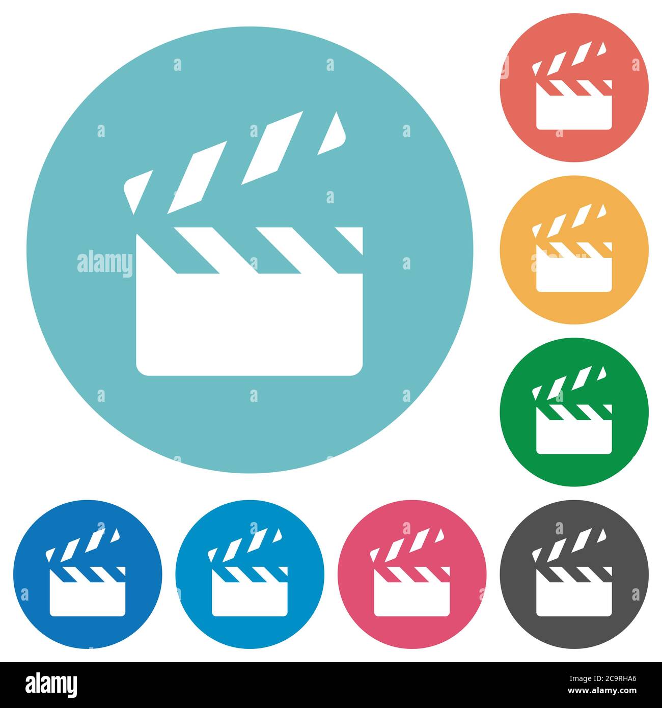 Clapperboard flat white icons on round color backgrounds Stock Vector