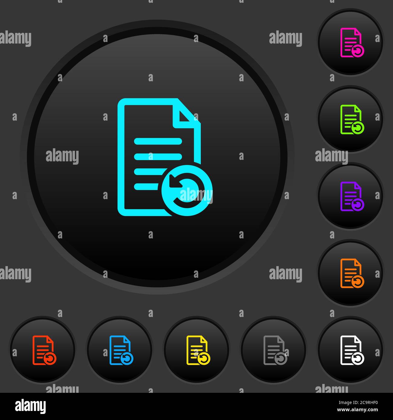 Undo document changes dark push buttons with vivid color icons on dark grey background Stock Vector