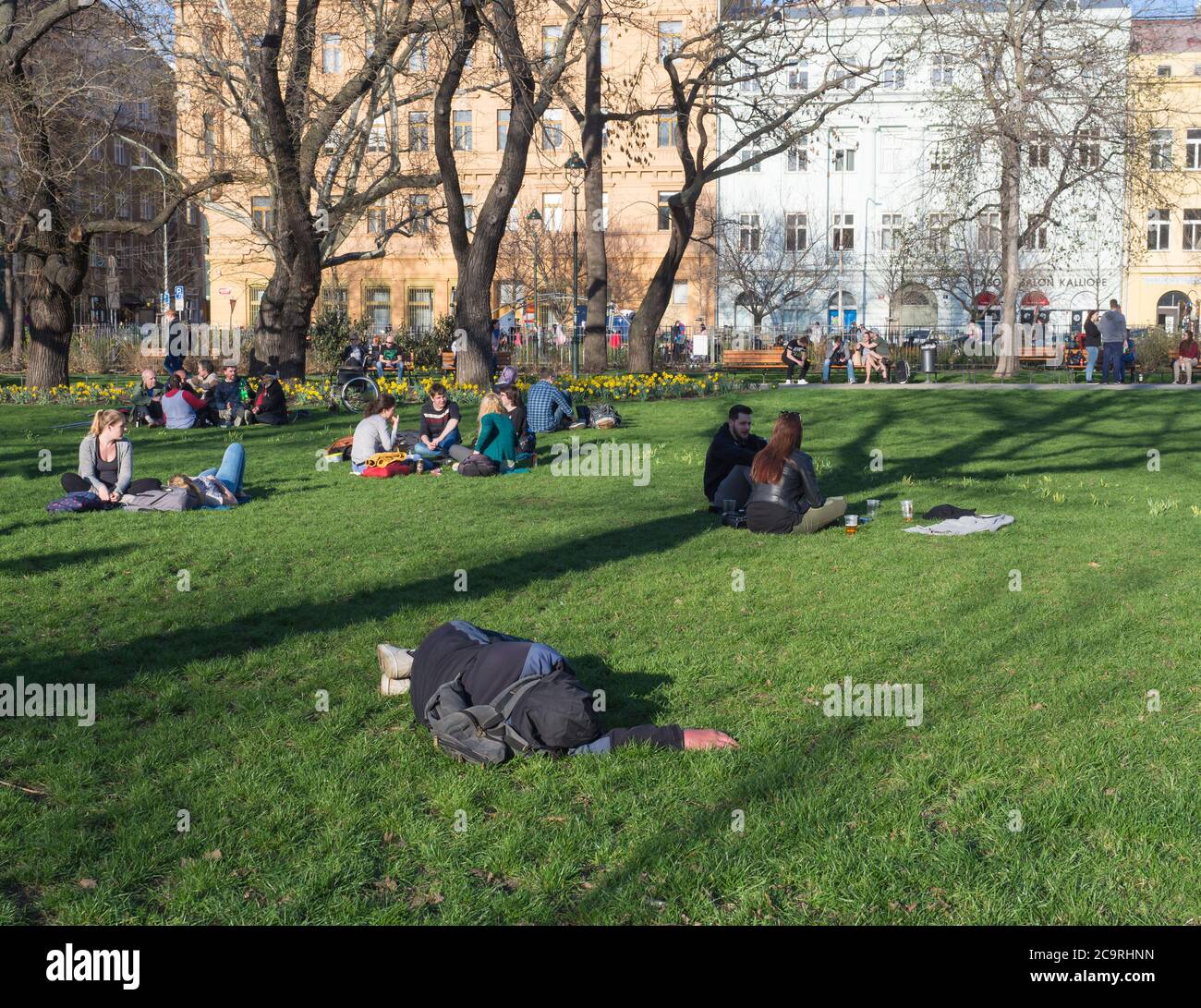 Czech Republic, Prague, April 10, 2018: sleeping man and group of people relaxing on lush green grass and enjoying early spring day on Karlinske Stock Photo