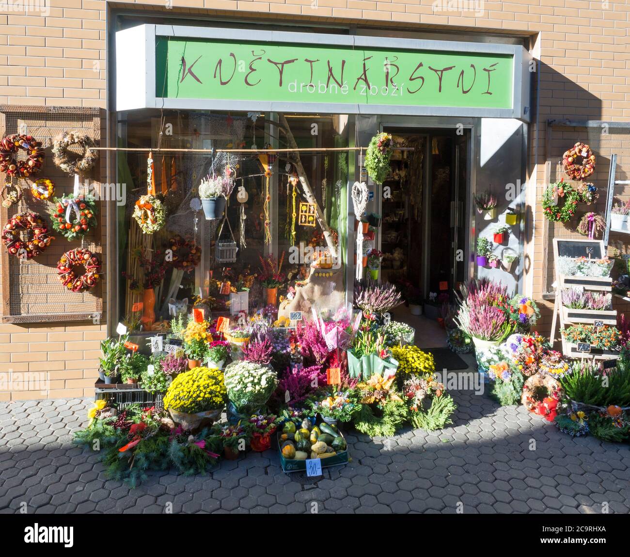 Czech Republic, Prague, Karlin, March 31, 2019: florist shop window,  entrance decorated with planty of displayed colorful fresh and dry flowers  and Stock Photo - Alamy