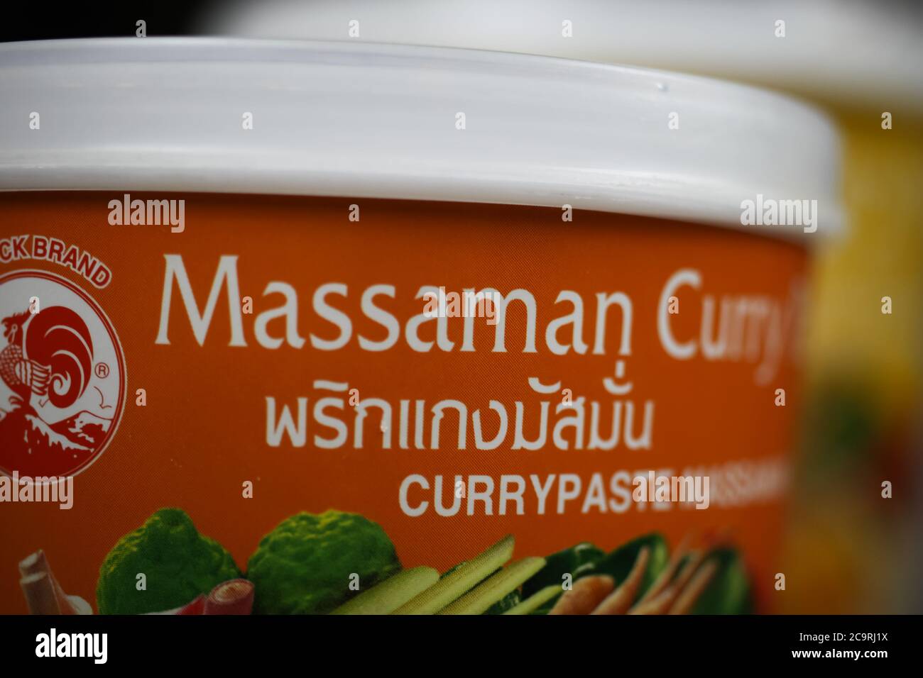 Viersen, Germany - July 9. 2020: Closeup of isolated box with thai massaman curry paste Stock Photo