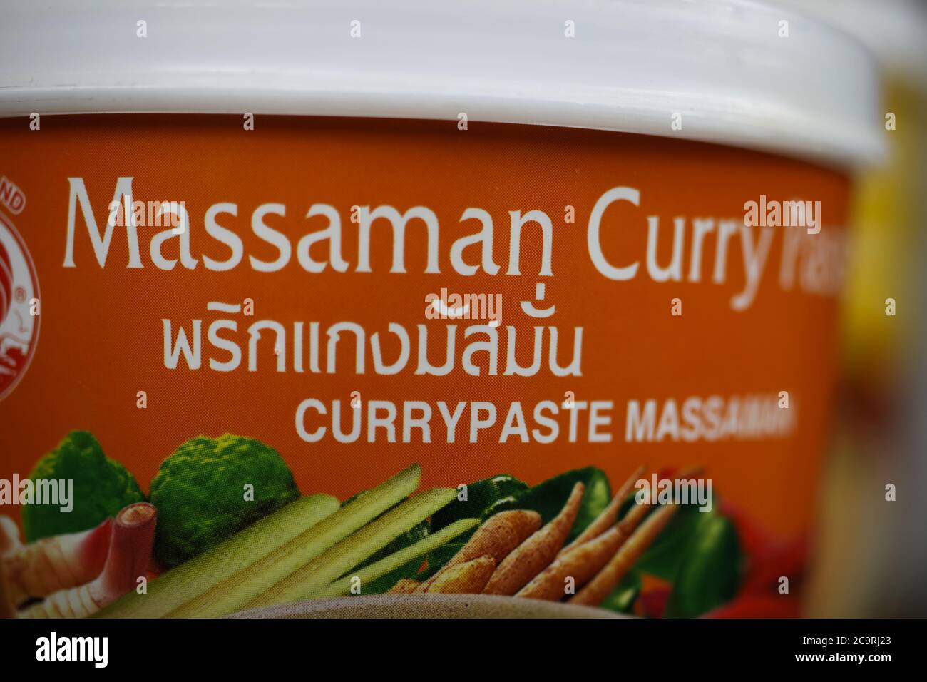 Viersen, Germany - July 9. 2020: Closeup of isolated box with thai massaman curry paste Stock Photo