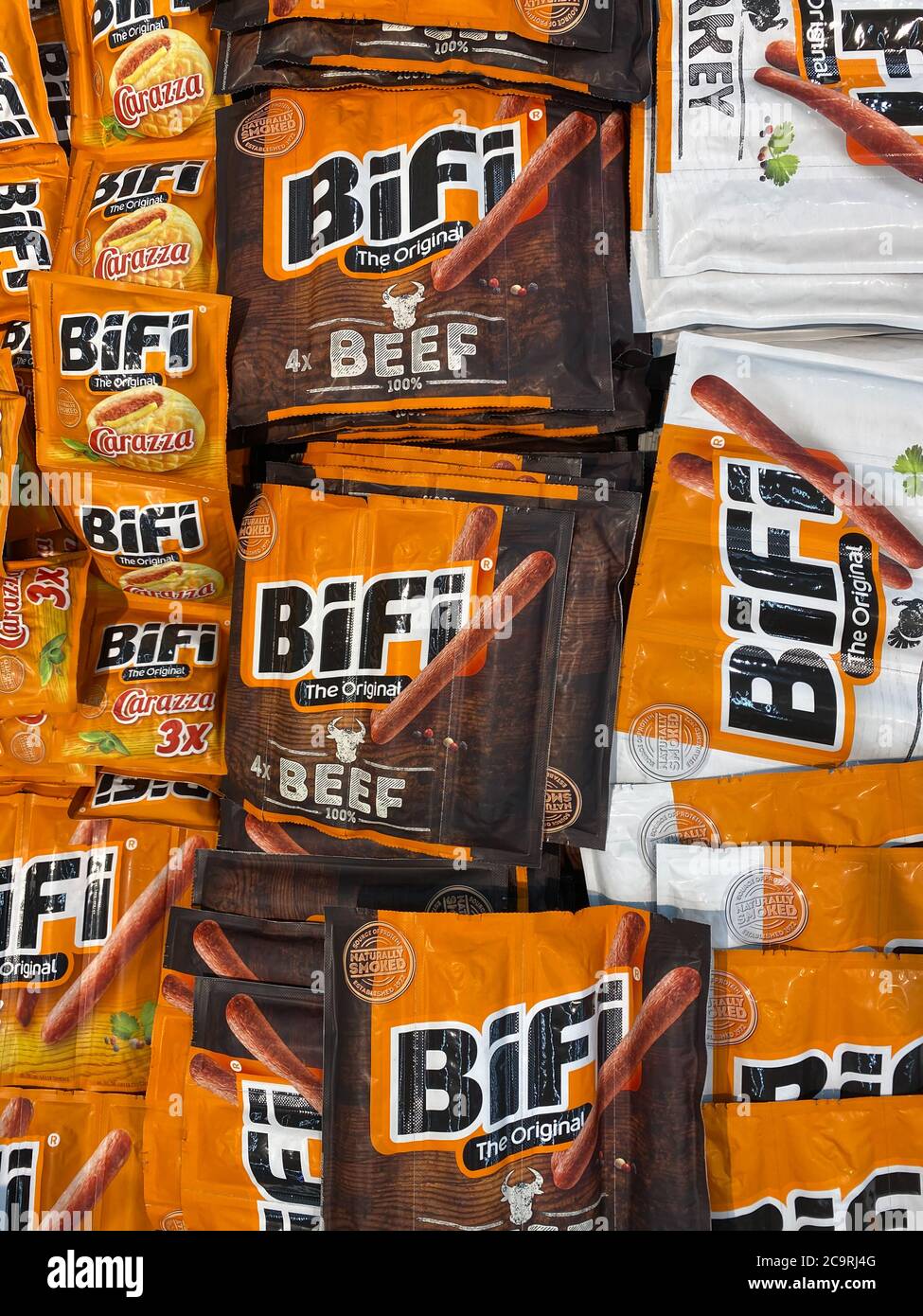 Viersen, Germany July 9. 2020 Closeup of pile Bifi mini salami