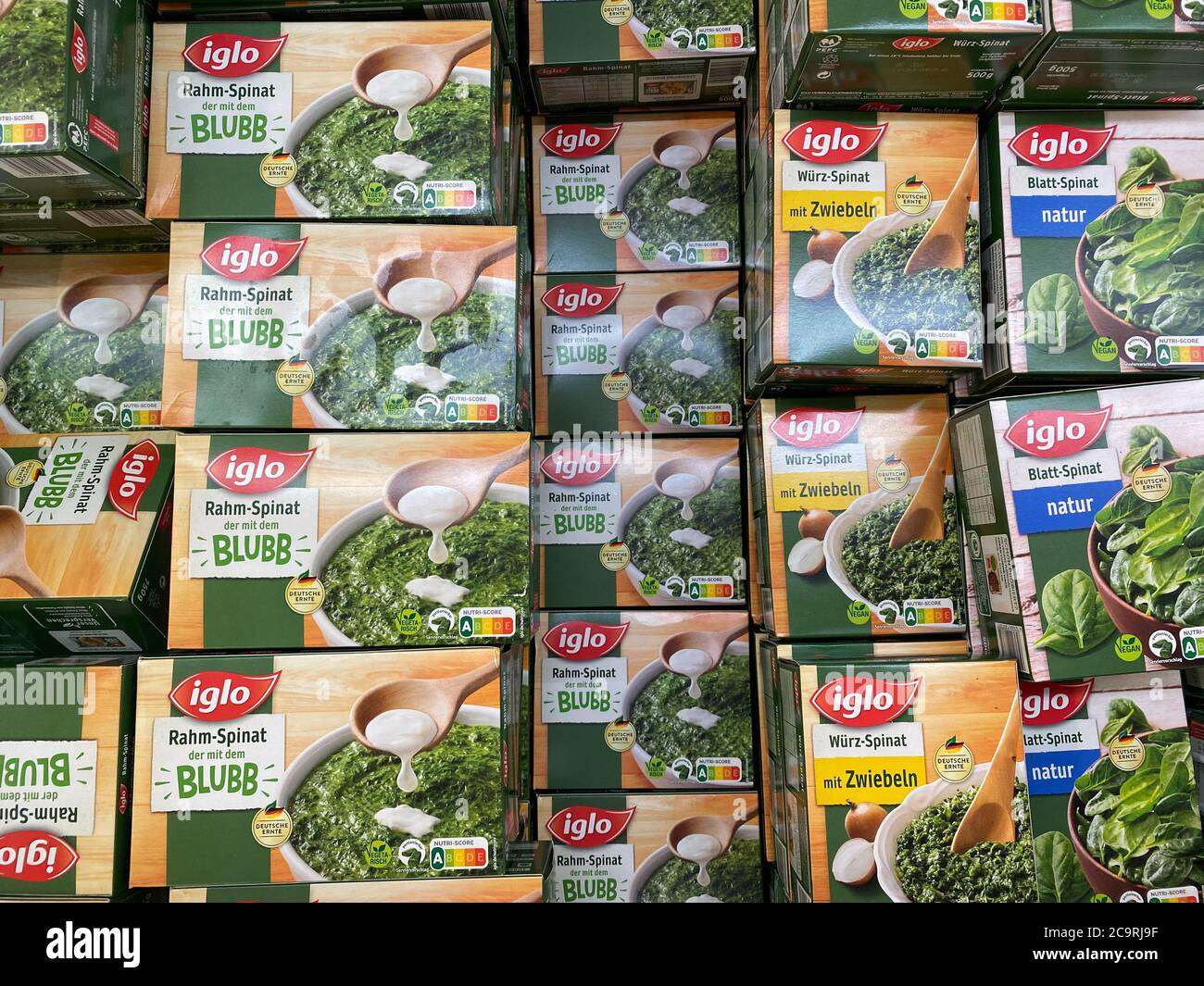 Viersen, Germany - July 9. 2020: Closeup of isolated boxs frozen Iglo ready  spinach in cooling counter Stock Photo - Alamy