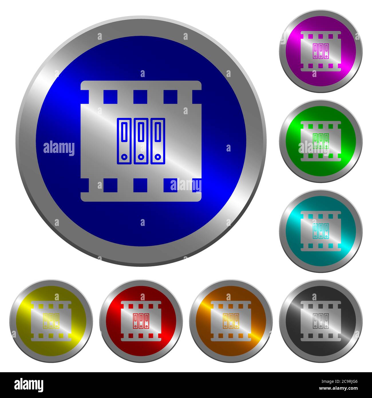 Archive movie icons on round luminous coin-like color steel buttons ...