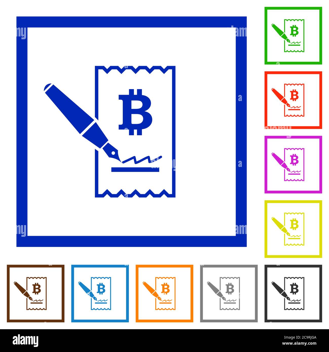Signing Bitcoin cheque flat color icons in square frames on white ...