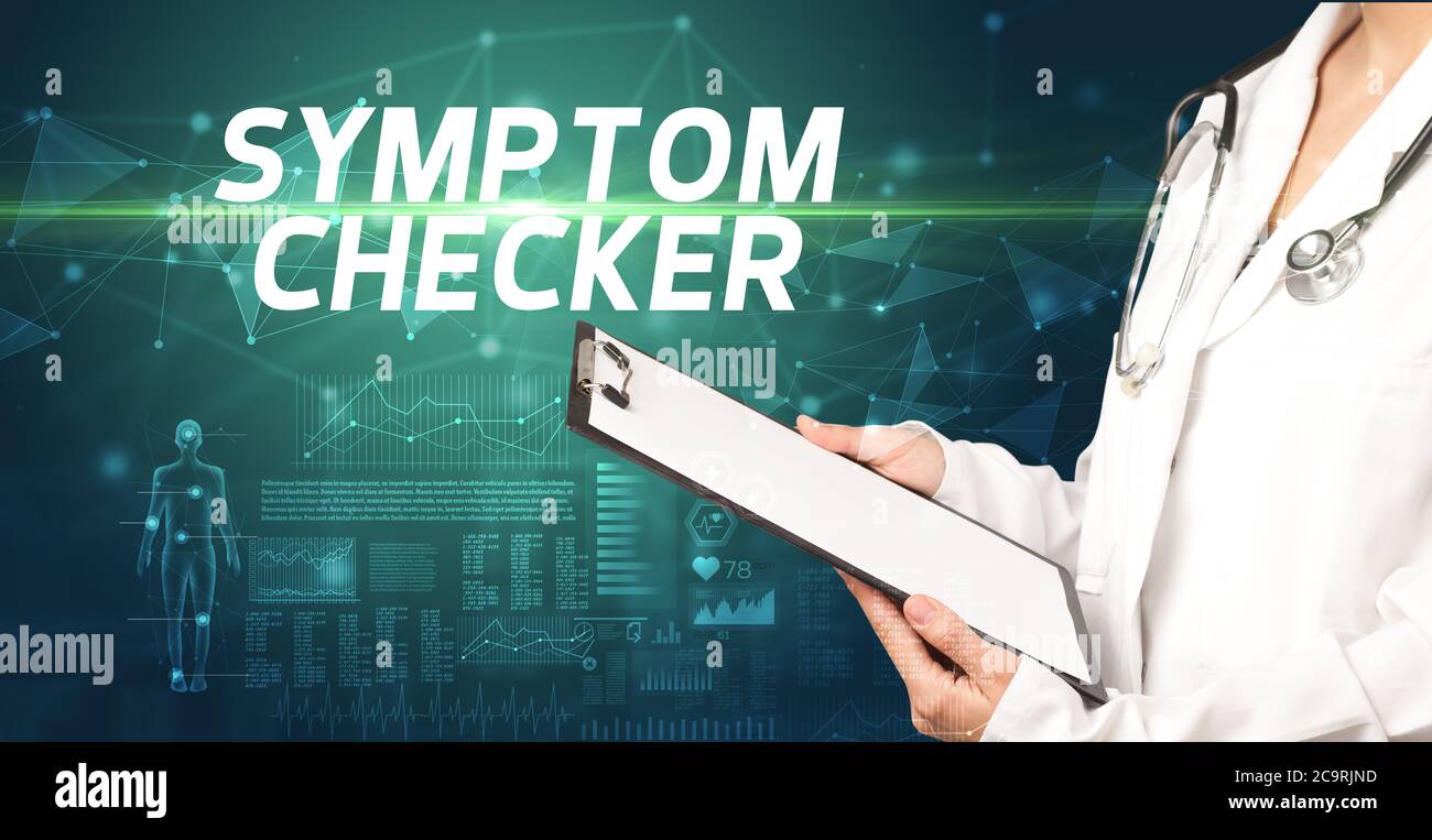 doctor writes notes on the clipboard with SYMPTOM CHECKER inscription