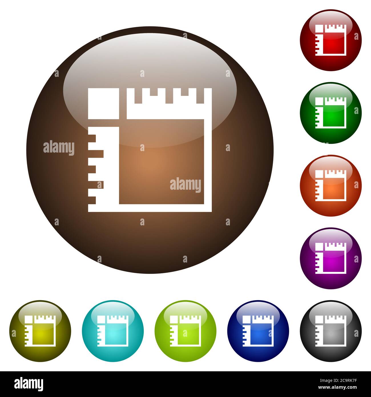 Canvas rulers white icons on round color glass buttons Stock Vector