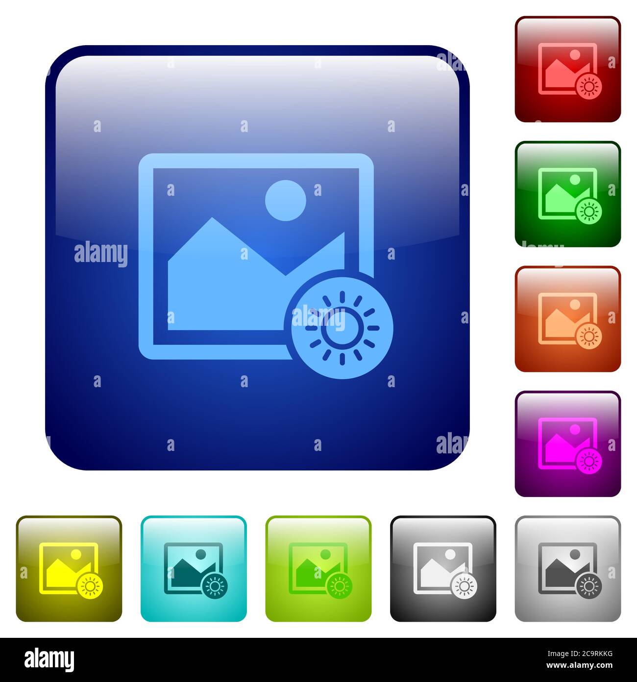 Adjust image brightness icons in rounded square color glossy button set Stock Vector