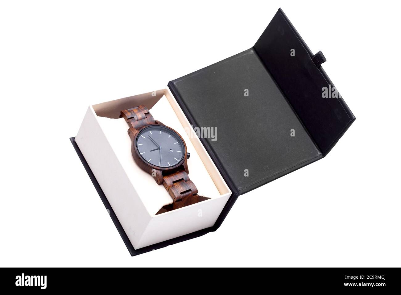 wooden wrist watch packed in open a cardboard box top side view, an