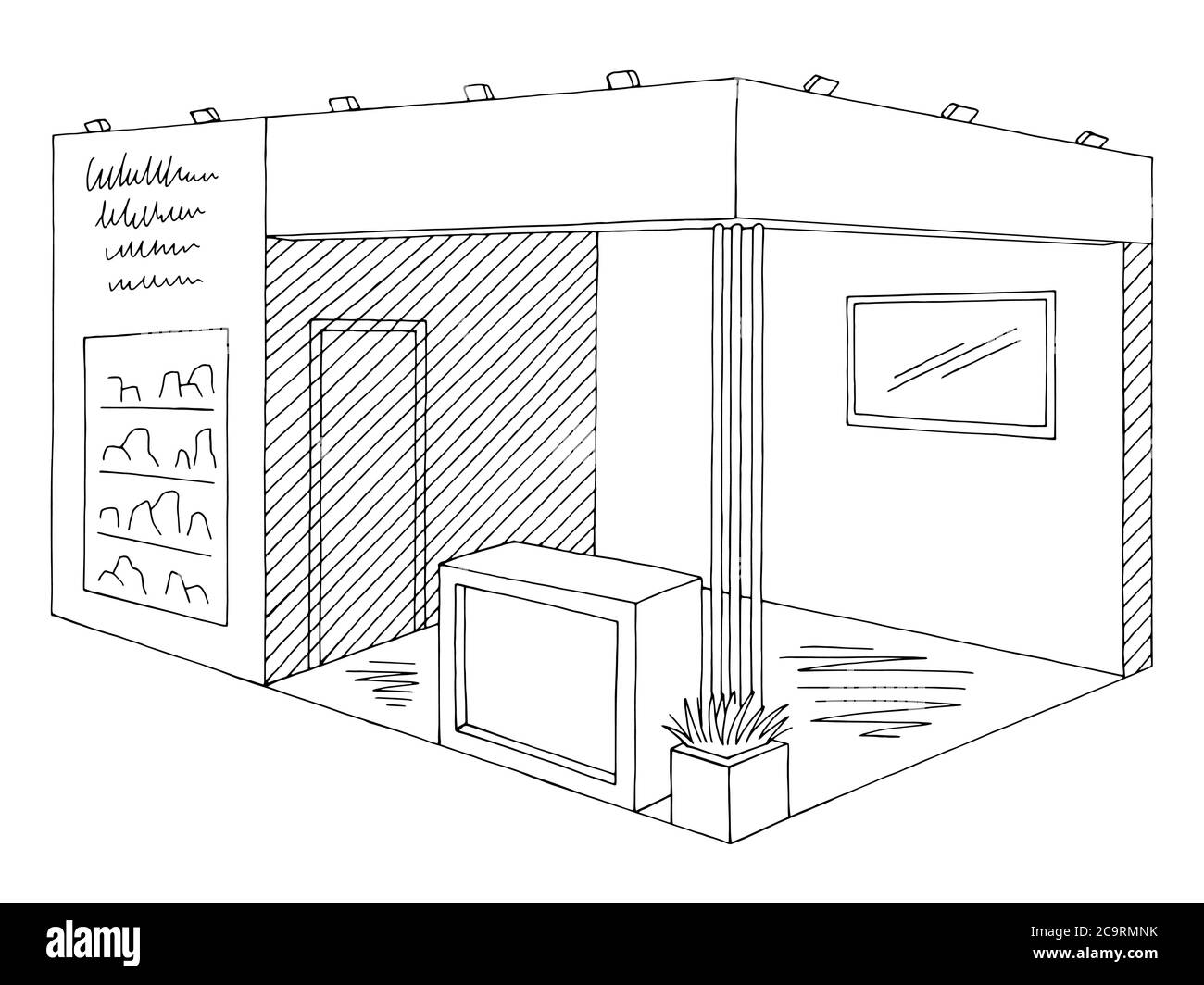 Exhibition stand graphic interior black white sketch illustration vector Stock Vector