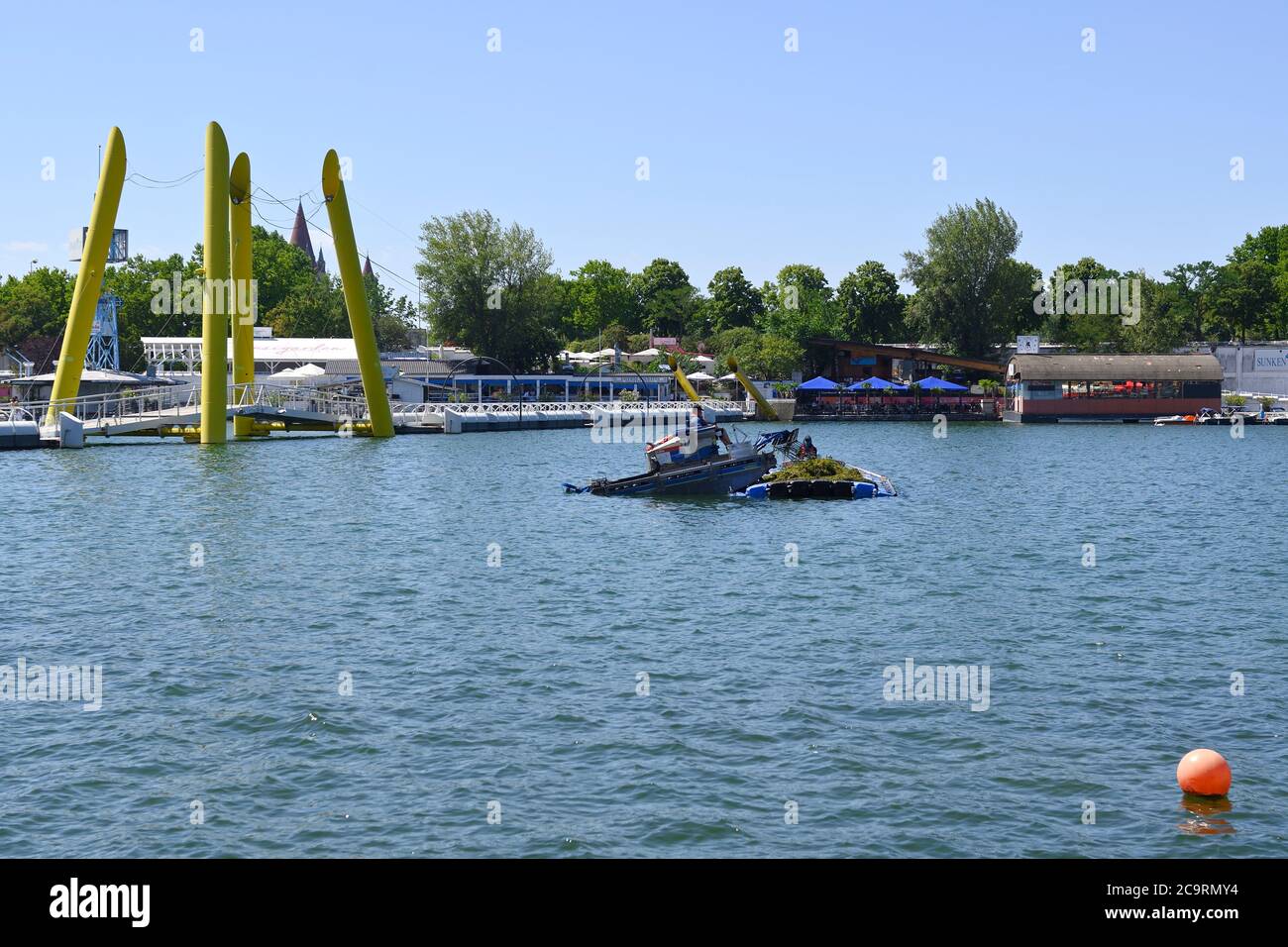 Vienna, Austria. Mowing boats on the Danube Island in Vienna Stock Photo