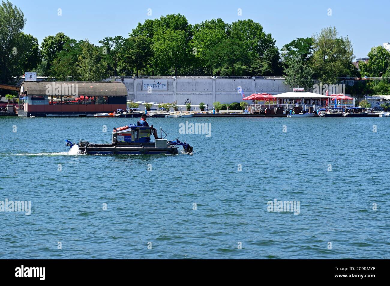 Vienna, Austria. Mowing boats on the Danube Island in Vienna Stock Photo