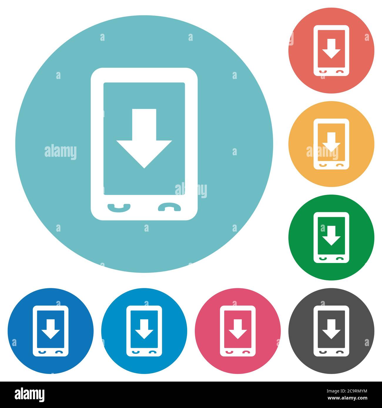 Mobile scroll down flat white icons on round color backgrounds Stock Vector