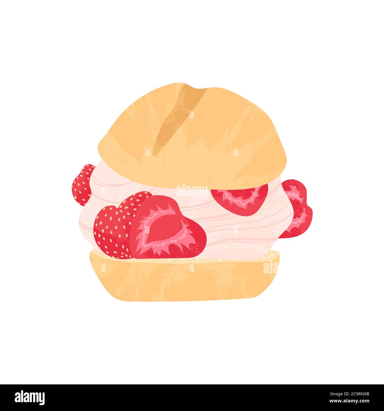 Profiteroles with whipped cream and strawberry vector illustration in flat cartoons style. Cute tasty dessert with berry flat icon with texture. Isola Stock Vector